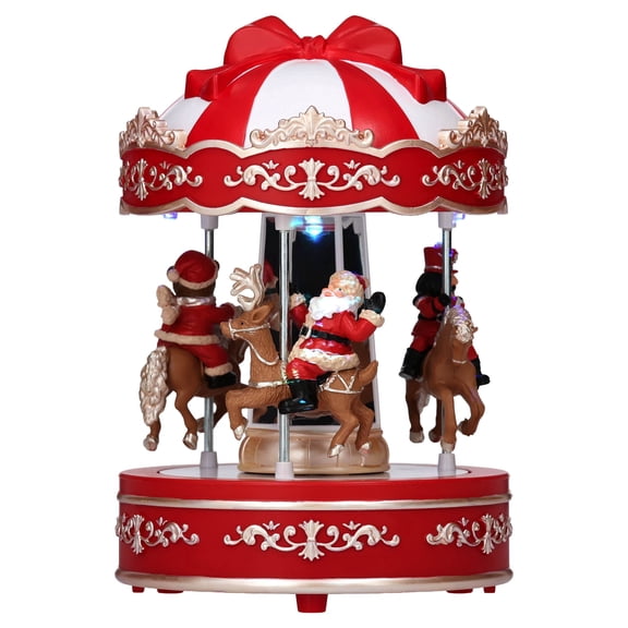 Light-Up and Musical Animated Carousel Christmas Village Decoration, Red and White, 7", by Holiday Time