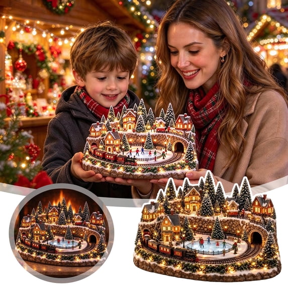 Animated Christmas Village with Moving Train & Ice Skating Rink, LED ...