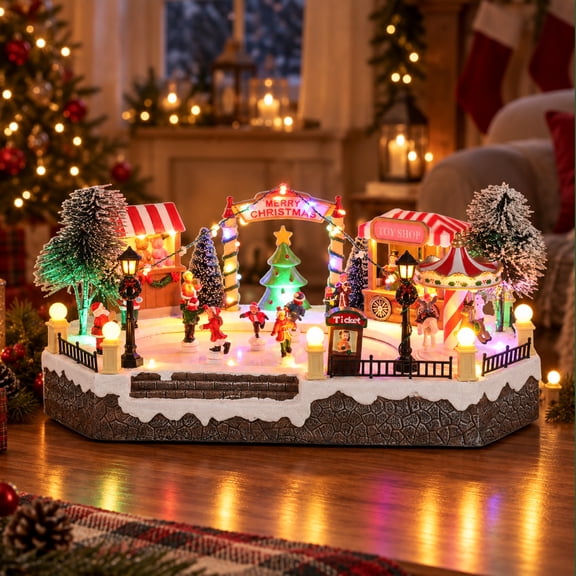 Animated Christmas Winter Market Village Decor, Rotating Ice Skating Figurines & Carousel, Color LED Lights, Musical Holiday Scene, Tabletop Christmas Decoration & Gift