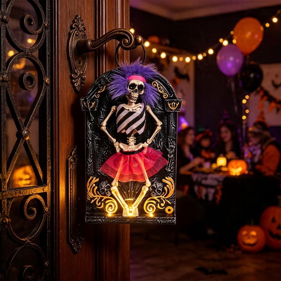 Animated Dancing Skeleton Tombstone Decoration, Lighted Moving Skull Halloween Ornament with Warm LED Lighting, Electric Tabletop Prop for Porch, Entryway, Mantel and Party Scene Display, C