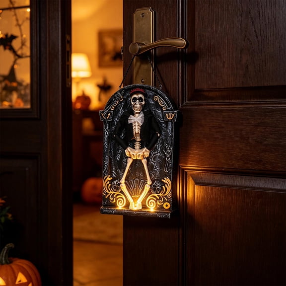 Animated Dancing Skeleton Tombstone Decoration, Lighted Moving Skull Halloween Ornament with Warm LED Lighting, Electric Tabletop Prop for Porch, Entryway, Mantel and Party Scene Display, A