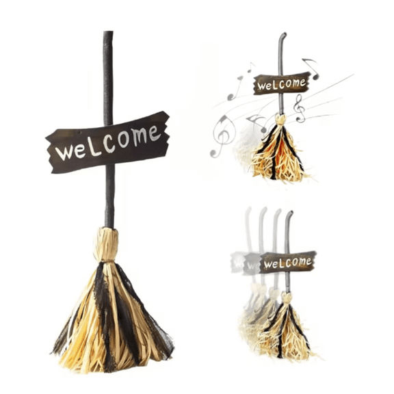 Animated Dancing Straw Witch Broomstick Halloween Decor with Welcome Sign, Auto-Moving Light Up Floating Broom Prop with Spooky Sound Effects for Front Door, Porch, Wall & Party Table Decor
