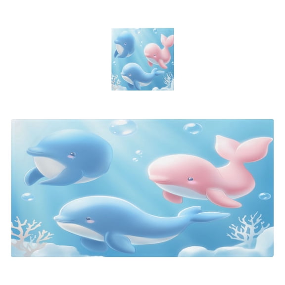 Animated Dolphin 2 Piece Cotton Bath and Face Towel Set Soft and Absorbent, for Beach Pool Bathroom