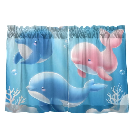 Animated Dolphin 27"x24" Linen Look Cafe Curtain Set with Privacy and UV Protection