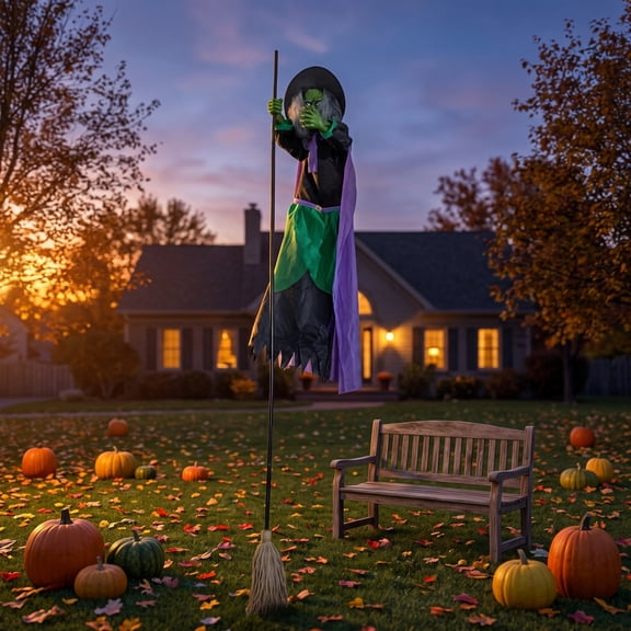 Animated Flying Witch Broom, 10.1FT Hover Witch with Sound Motion Activated Features, Spooky Yard Decor for Garden Lawn Indoor Use