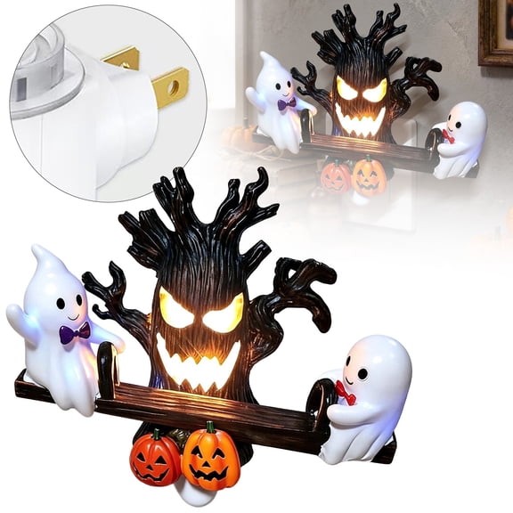Animated Ghost Seesaw Halloween Plug in Night Light, Spooky Haunted Tree Pumpkin LED Wall Plug Decor, Quiet Moving Ghost Halloween Nightlight for Bedroom Entryway Party