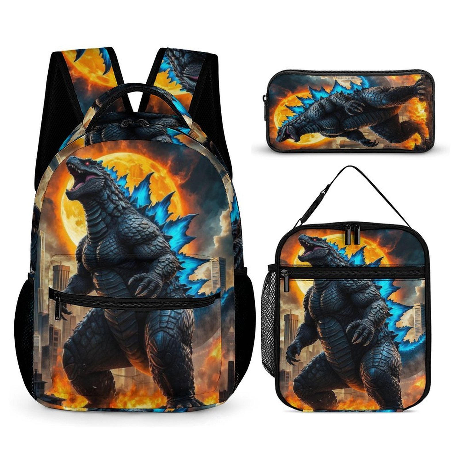 Animated Godzilla (3) 3 Piece Backpack Set Anime Casual Daypack with Lunch Bag Outdoor Travel Large Capacity Bags