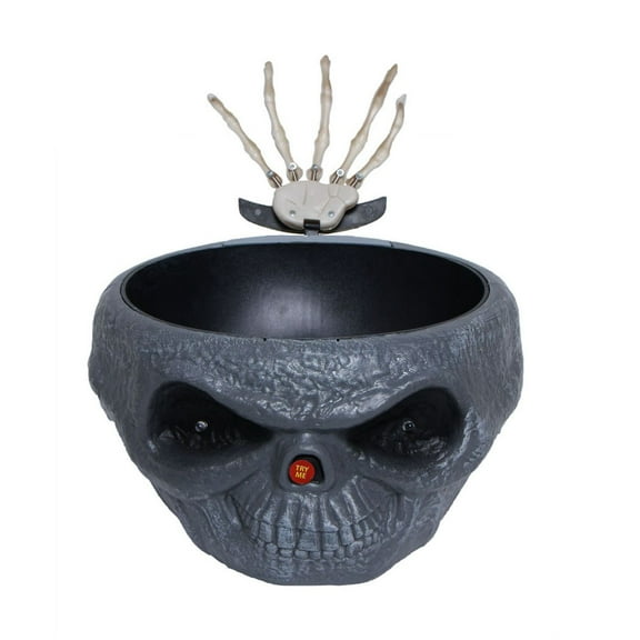 Animated Halloween Candy Bowl Dish with Hand,Spooky Decoration Props LED Eyes Sound for Haunted House Horror Party Bar Table Decor Gray Skull,Halloween Decorations Fruit Dish with Jumping Skull Hand