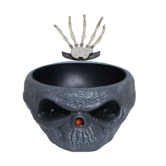 Animated Halloween Candy Bowl Dish with Hand,Spooky Decoration Props LED Eyes Sound for Haunted House Horror Party Bar Table Decor Gray Skull,Halloween Decorations Fruit Dish with Jumping Skull Hand