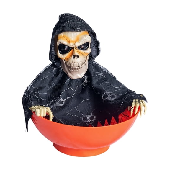 Animated Halloween Decorations, Halloween Candy Sculpted Piece, Motion Activated Halloween Decor, Skeleton Halloween Decor, Glowing Talking Skull Treat Container, Requires 3 Aa