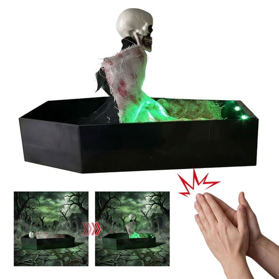 Animated Halloween Decorations, Voice Activated Skeleton in Coffin with Green LED Light and Scary Sound Effects, Indoor Halloween Party Prop