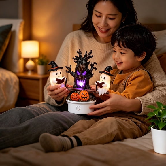 Animated Halloween Seesaw Night Light Plug-In - Ghost Reading LED Lamp with Spooky Tree Night Light - Cute Plug-in Wall Light for Bedroom, Bathroom & Hallway Decor