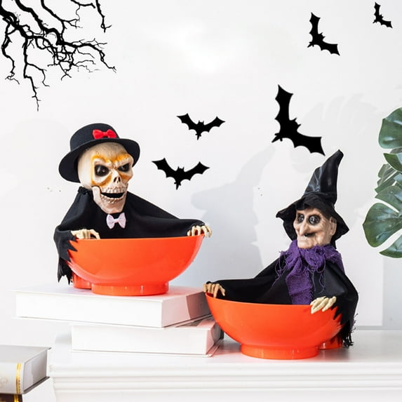Animated Halloween Skull Bowl with Sound & Light, Horror Halloween Candy Bowl with Moving Skeleton Hand, Funny Spooky Halloween Motion Activated Halloween Skull Candy Bowl for Indoor Outdoor, 25cm