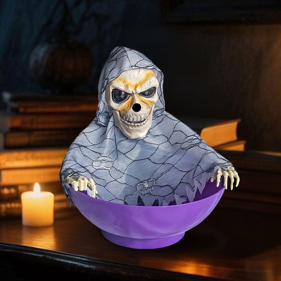 Animated Halloween Skull Candy Bowl, Motion Activated Light Up Sound Effect Skeleton Hand Prop for Party Decor