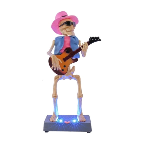 Animated Halloween Skull Guitarist Decoration, Light Up Musical Dancing Skeleton Figure with LED Lights & Spooky Sounds for Home Party Porch Tabletop Decor