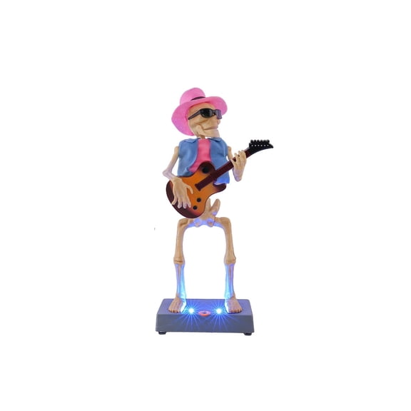 Animated Halloween Skull Guitarist Decoration, Light Up Musical Dancing Skeleton Figure with LED Lights & Spooky Sounds for Home Party Porch Tabletop Decor