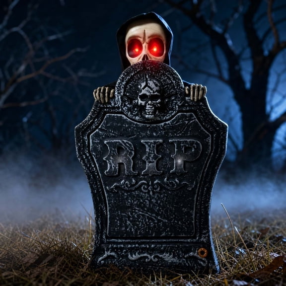 Animated Halloween Tombstone Decor with Motion Sensor, Rising Skeleton and Pumpkin Figure, Light Up Gravestone for Yard Porch Haunted House