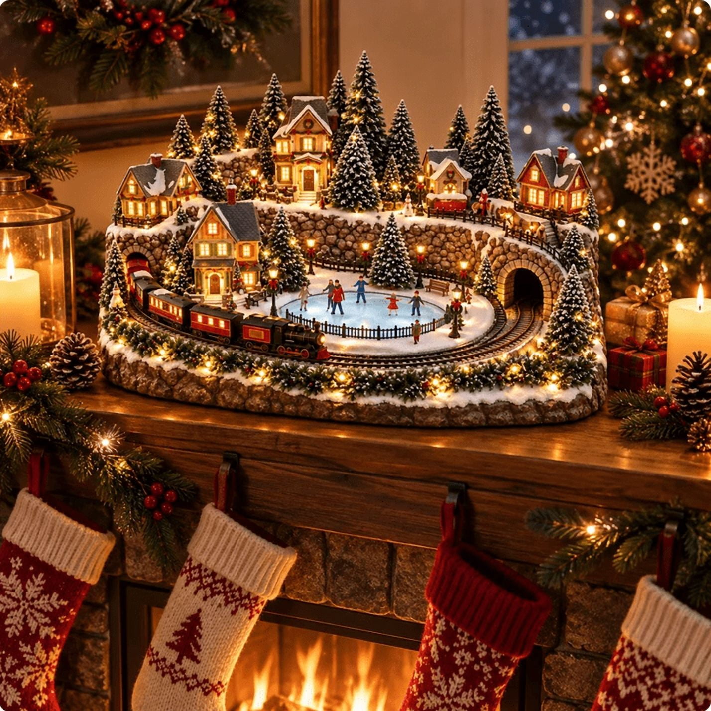 Animated Holiday Train & Ice Rink Scene, Christmas Village Display with ...
