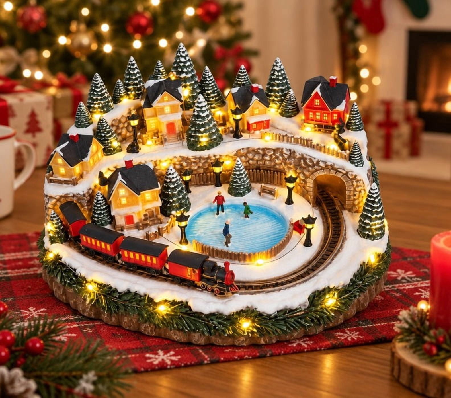 Santa Train Animation Animated Holiday Train & Ice Rink Scene, Christmas Village Scene with ...