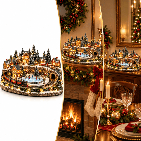 Animated Holiday Train & Ice Rink Scene, Festive Christmas Village ...