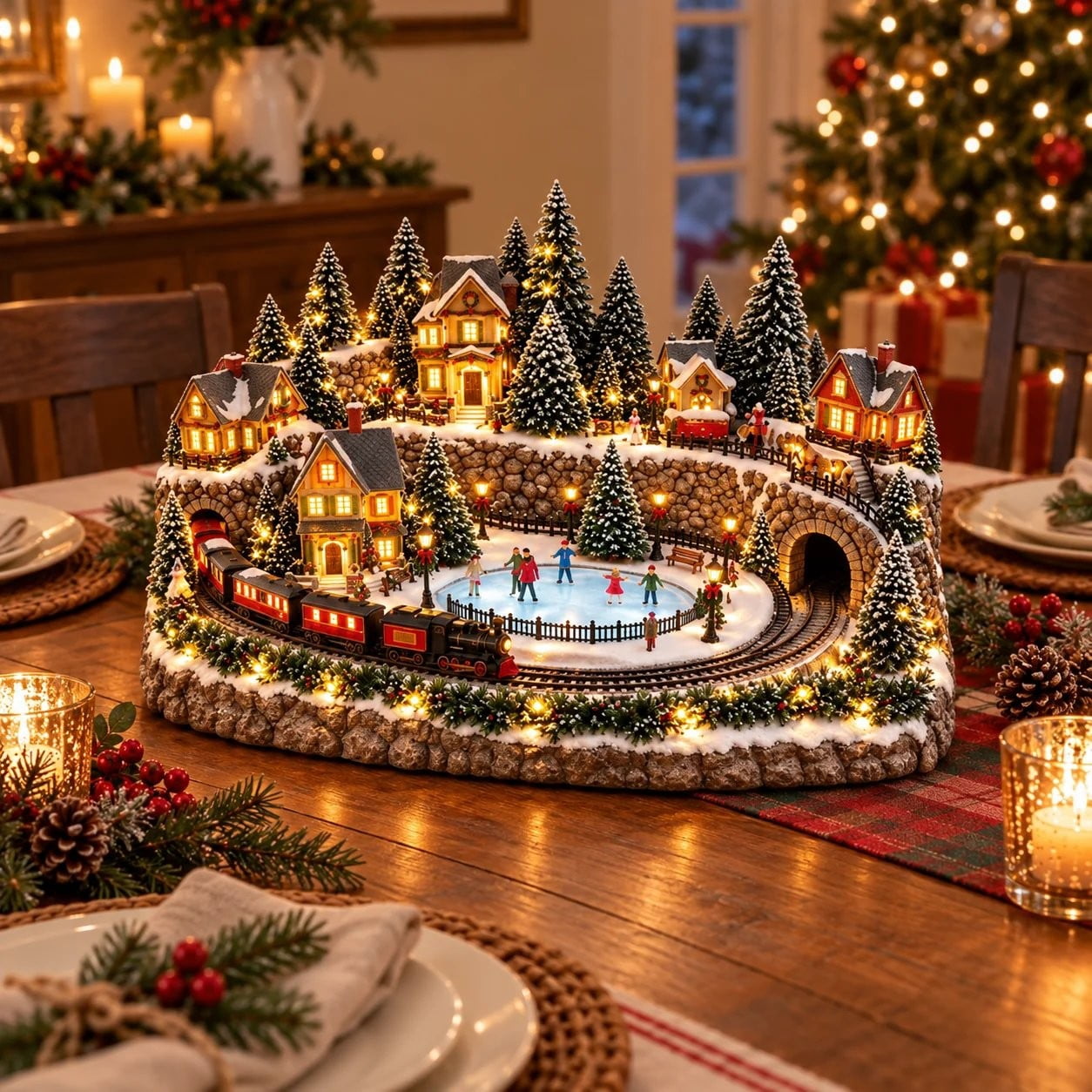 Santa Train Animation Animated Holiday Train & Ice Rink Scene, Lighted Christmas Village with ...