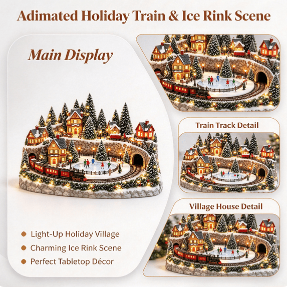 Animated Holiday Train & Ice Rink Scene, Warm Lighted Holiday Village ...