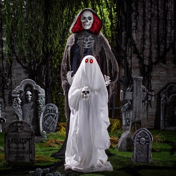 Animated Light-Up Raising Ghost with Sound & Standing Skeleton Reaper