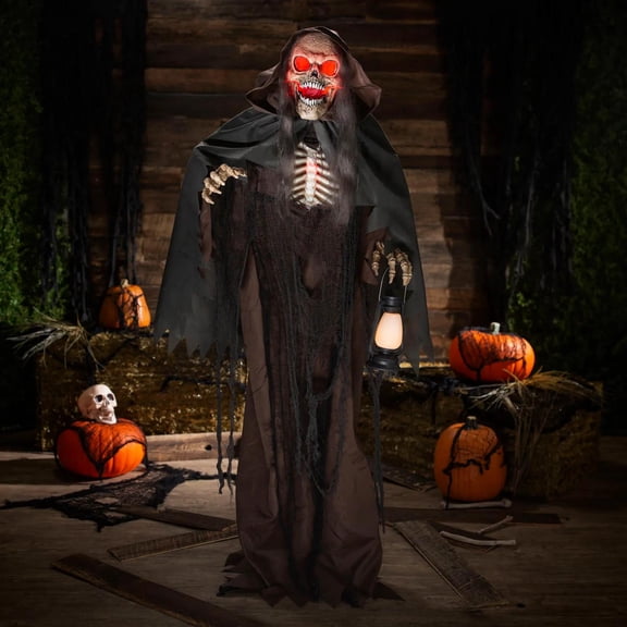 Animated Light-Up Standing Talking Skeleton Reaper with Lantern
