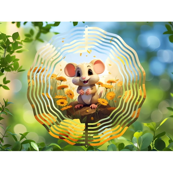 Animated Mouse Yellow Flowers 3D Wind Spinner, Cute Kinetic Stainless Steel Hanging Garden Decoration