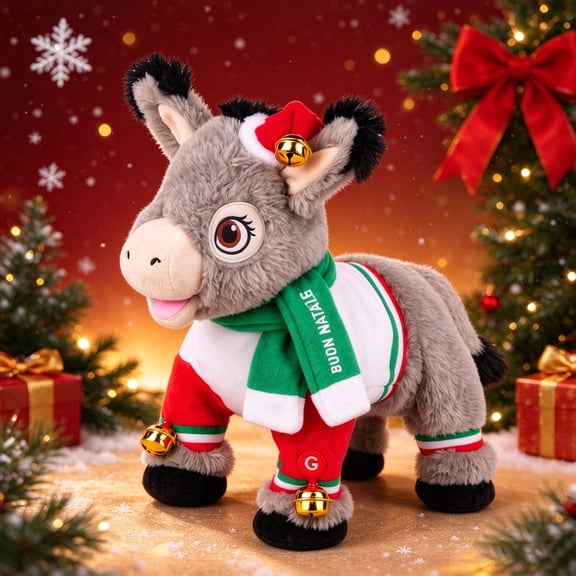 Animated Musical Dominic Donkey Christmas Plush, Singing & Dancing Dominick the Donkey Stuffed Doll, Festive Outfit with Bells, Xmas Table Decoration & Kids Holiday Gift