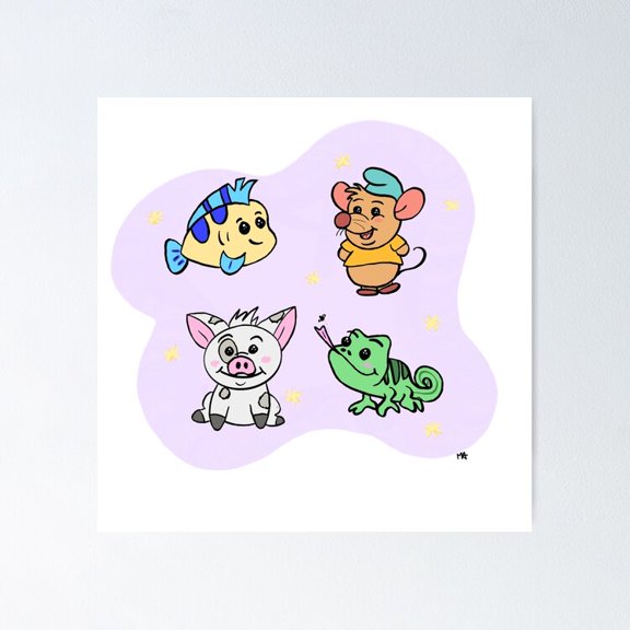 Animated Princess Sidekicks Animal Collage Graphic Wall Decor Magical Fantasy Art, Unframed Canvas
