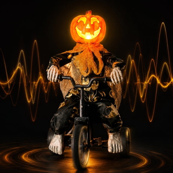 Animated Pumpkin Head Decor, Orange LED Tricycle Prop, Halloween Yard Decor with Sound/Motion, Talking Singing Scarecrow, Interactive Lawn Entertainment​