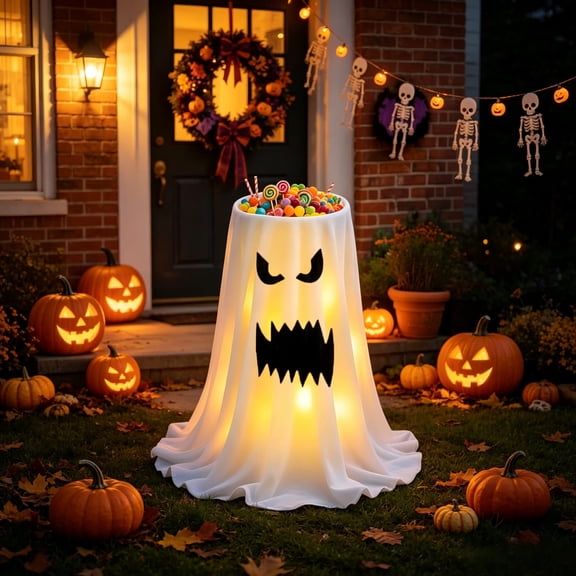 Animated Remote Operated Light-up Ghost Candy Bowl Stand with Bright Led Lighting, Large Capacity Trick-Or-Treat Container Ideal for Porch, Entryway and All Halloween Holiday Party Venue, White2