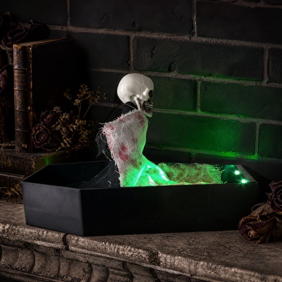 Animated Rising Skeleton Coffin Halloween Decor, Creepy Light Up Skull Prop with Green LED, Spooky Black Coffin Decoration for House Party (No Battery)
