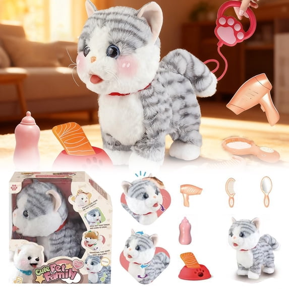 Animated Robot Cat Plush Toy with Singing & Purring, Moving Tongue & Wagging Tail, Interactive Electric Pet for Play, Realistic Kitten Toy, Birthday Gift for Adults