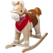 Animated Rocking Horse with Sounds, Plush Ride-On Pony with Wooden Base