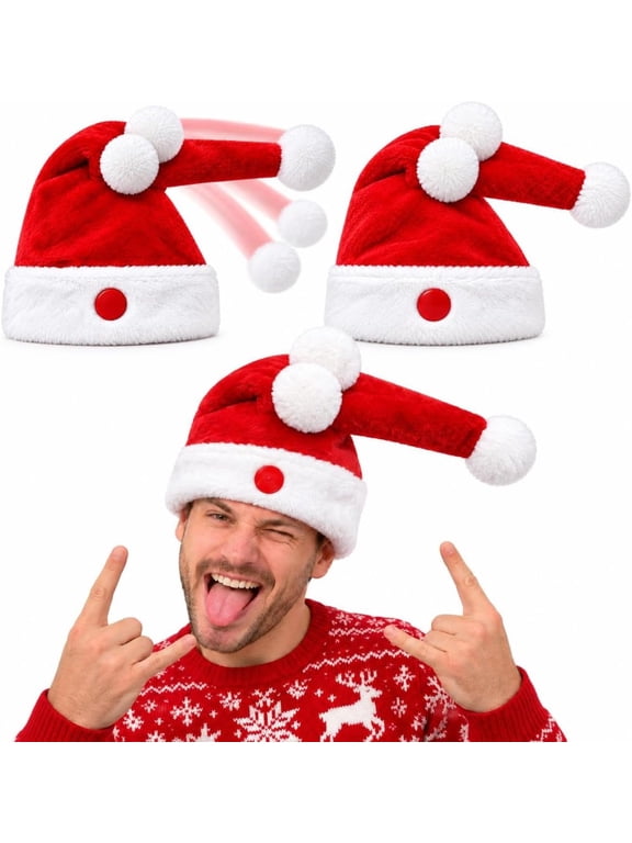 Animated Santa Hat for Adults, Funny Christmas Party Hat, Button-Activated Dancing Motion & Swinging Pom Poms. Cordless for Ugly Sweater Gatherings, Office Celebrations & Photos