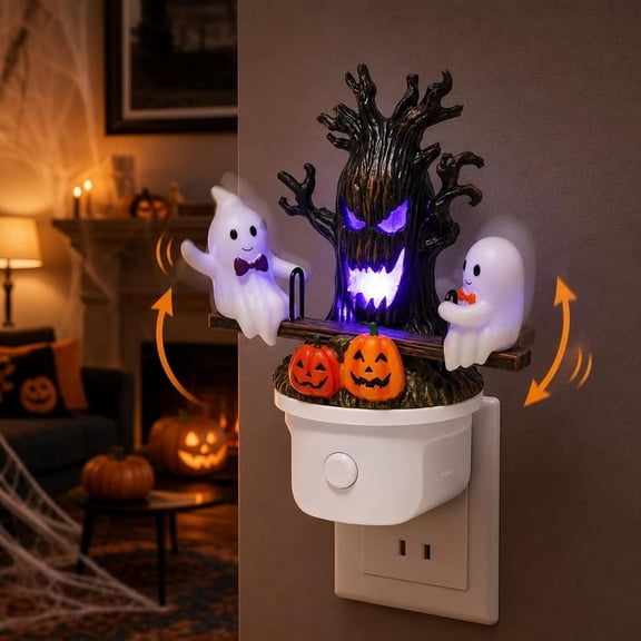 Animated Seesaw Ghost LED Night Light - Lighted Ghost on Seesaw Night Light, Halloween Decorative Table Lamp, Ghost Lamp, Plug-in LED Nightlight Halloween Decor for Bedroom Bathroom Hallway