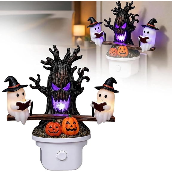 Animated Seesaw Ghost LED Night Light,Plug-in 3D Glowing Lamp with Spooky Tree and Pumpkin Design,Cute Halloween Decor for Bedroom Bathroom Hallway (Black-1pc)