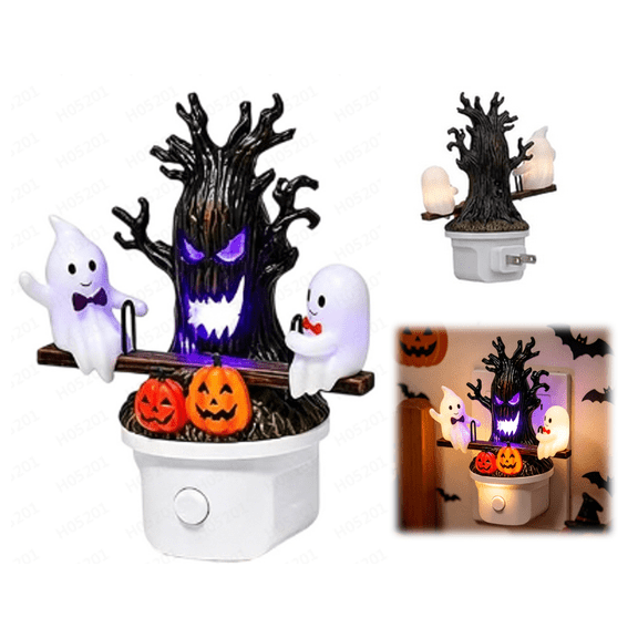 Animated Seesaw Ghost LED Night Light, Plug-in 3D Glowing Lamp with Spooky Tree & Pumpkin Design, Cute Halloween Decor, Ideal Indoor Ornament for Bedroom, Bathroom, Hallway