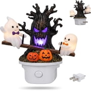 Animated Seesaw Ghost LED Night Light, Plug-in 3D Glowing Lamp with Spooky Tree & Pumpkin Design, Cute Halloween Decor, Ideal Indoor Ornament for Bedroom, Bathroom, Hallway Black-1pcs