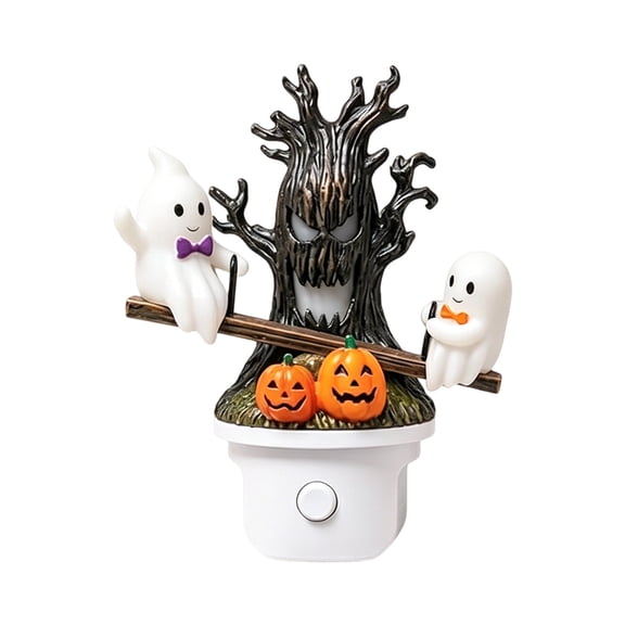 Animated Seesaw Ghost LED Night Light, Plug-in 3D Glowing Lamp with Spooky Tree & Pumpkin Design, Cute Halloween Decor, Ideal Indoor Ornament for Bedroom