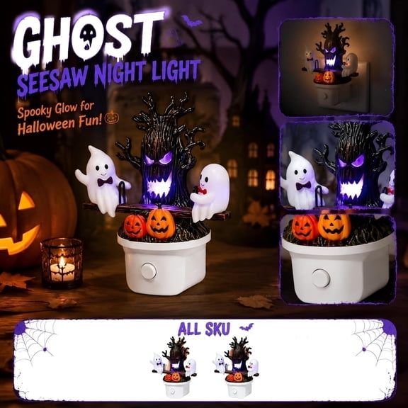 Animated Seesaw Ghost LED Night Light, Plug-in 3D Glowing Lamp, Spooky Tree and Pumpkin Design, Halloween Theme, Indoor Decor for Bedroom, Bathroom, Hallway, 2Pcs