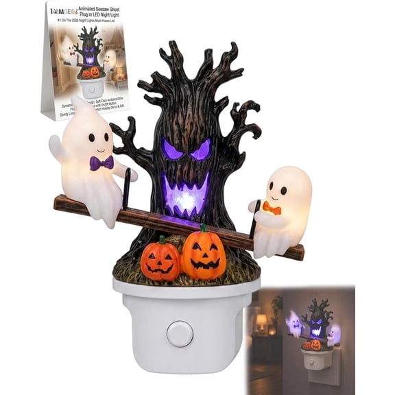 Animated Seesaw Ghost Plug in LED Night Light Halloween Lights with Spooky Tree Pumpkin Design Decor 3D Cute Halloween Ghost Light 2026 New Halloween Pumpkin Trees Lamp Table Lamps