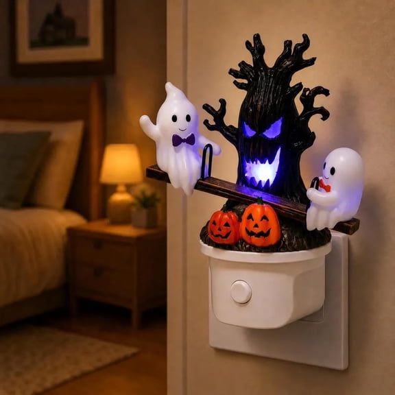 Animated Seesaw Ghost Plug in LED Night Light Halloween Lights with Spooky Tree Pumpkin Design Decor 3D Cute Halloween Ghost Light 2026 New Halloween Pumpkin Trees Lamp Table Lamps