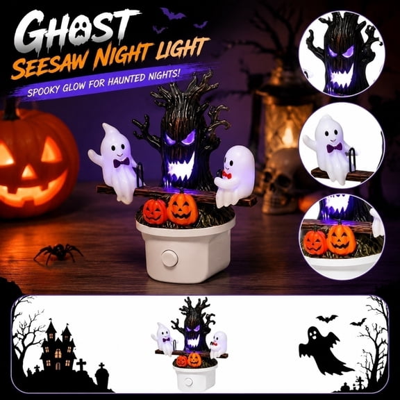 Animated Seesaw Ghosts Night Light, Halloween Ghost Plug-in LED Decorative Lamp with Moving Ghosts & Spooky Tree, Indoor Ornament for Bedroom, Bathroom, Hallway, Home Decor(1pc)