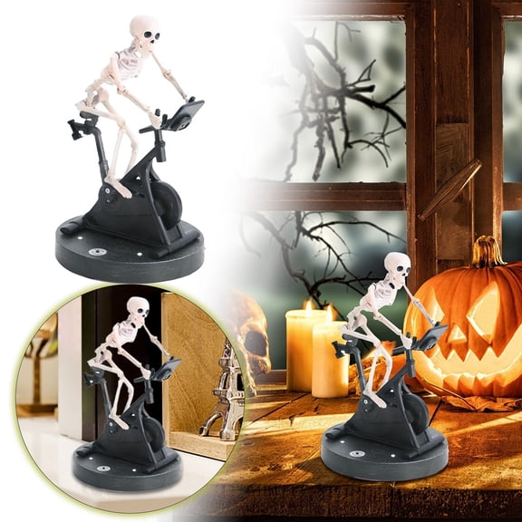 Animated Skeleton Exercise Bike Figurine, Funny Halloween Animatronic Decor, Spooky Tabletop Ornament, Holiday Desktop Sculpture