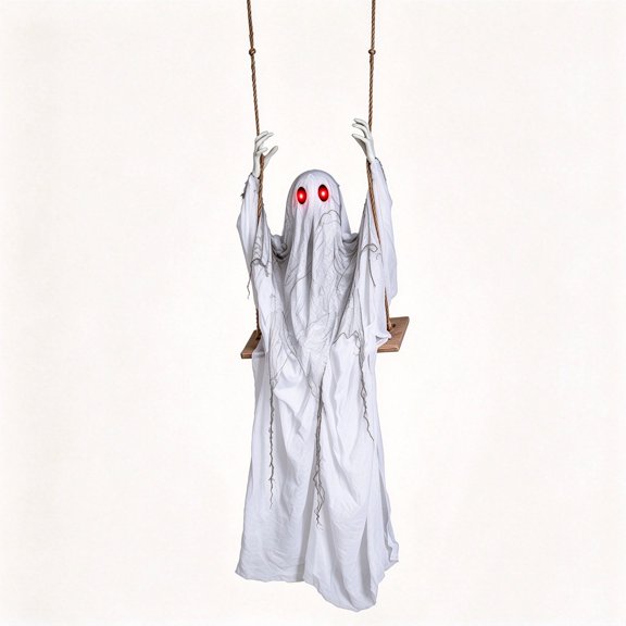 Animated Swinging Hanging Ghost Halloween Prop with Flashing Eyes and Creepy Laughs, Sound and Button Activated, 6.6 ft Hanging Decoration for Porch and Tree