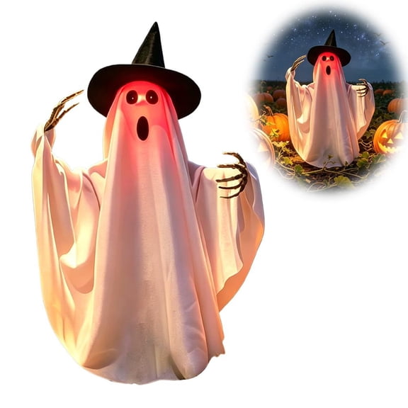 Animated Walking Ghost Decoration in White, 55cm Voice Activated Halloween Prop with Glowing Red Face for Porch and Indoor Display