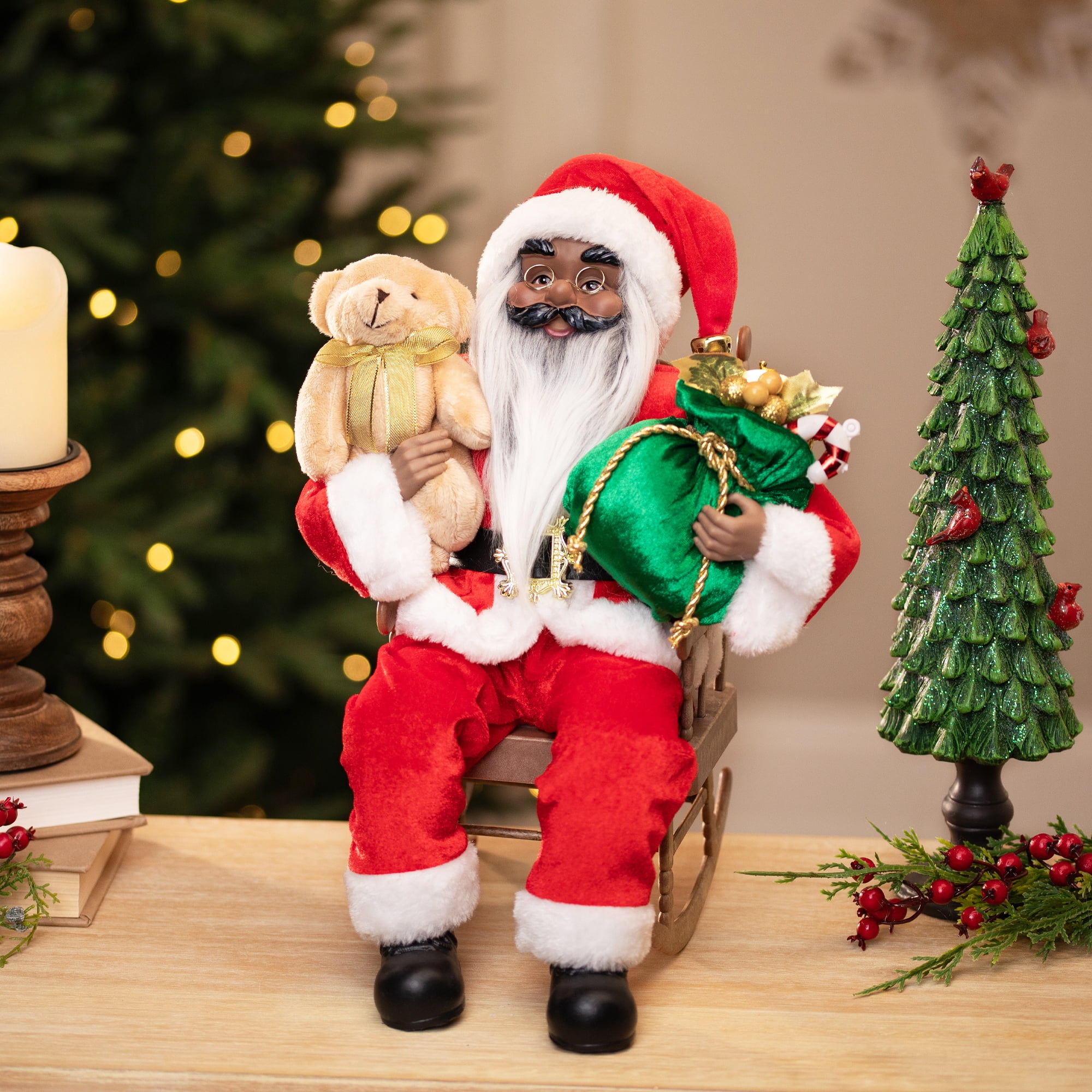 Animated and Musical African American Santa Rocking Chair Christmas Decoration - 14"